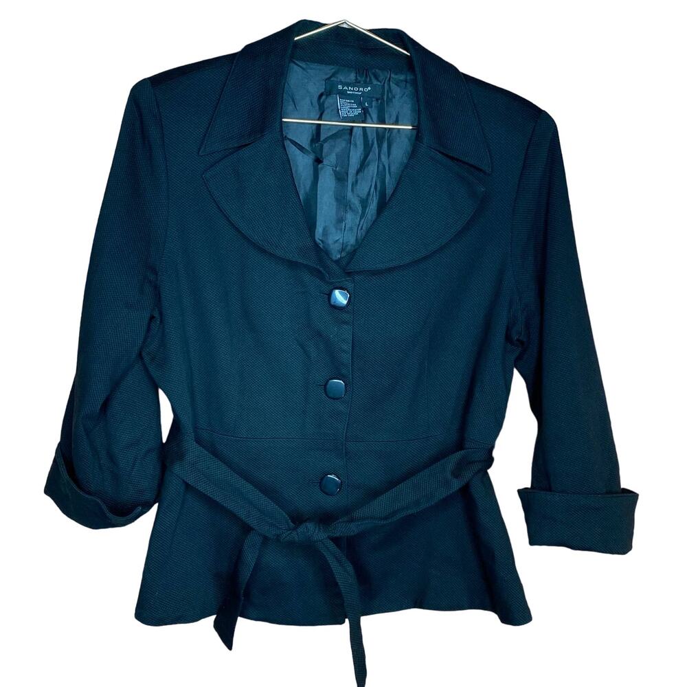 Sandro Sportswear Womens Black Jacket Tie Wasit 3/4 Sleeves Stretch Sz L